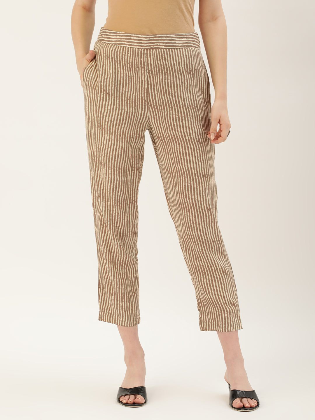 Beige Striped Slim Fit Pencil Pant