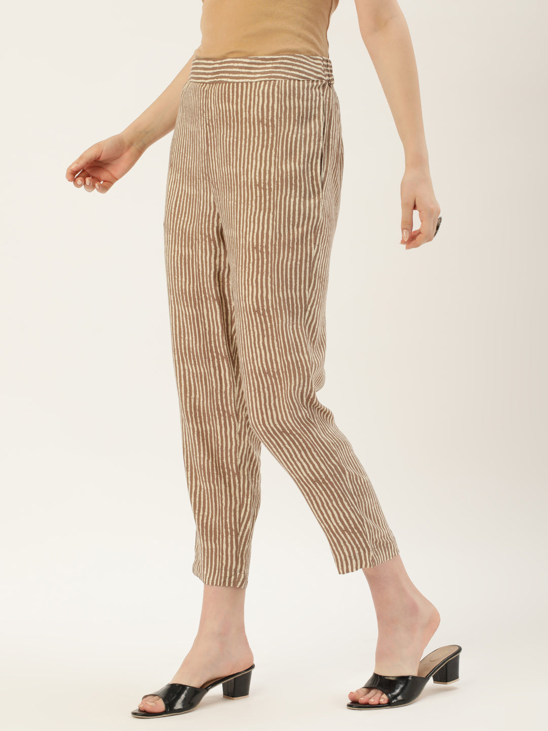 Beige Striped Slim Fit Pencil Pant