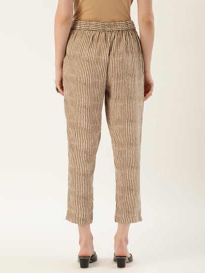 Beige Striped Slim Fit Pencil Pant