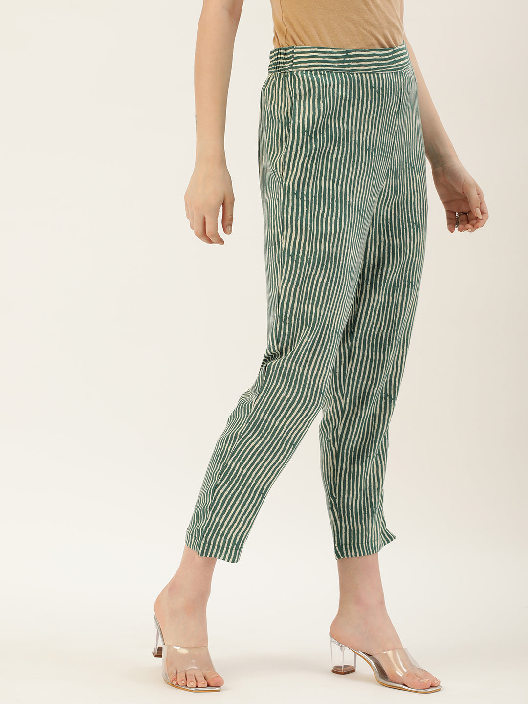 Green Striped Slim Fit Pencil Pant