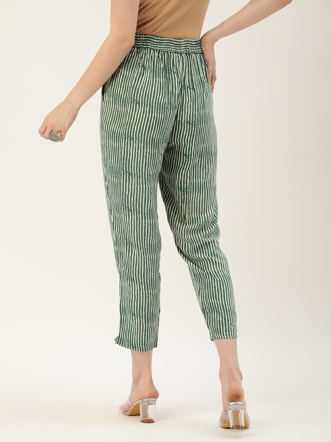 Green Striped Slim Fit Pencil Pant