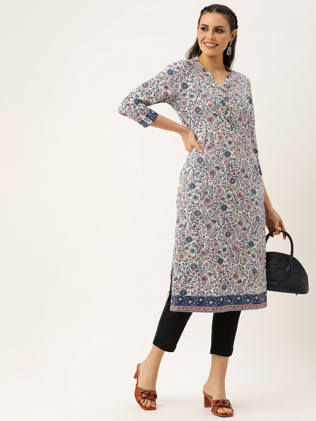 Floral Printed Mandarin Collar Kurta