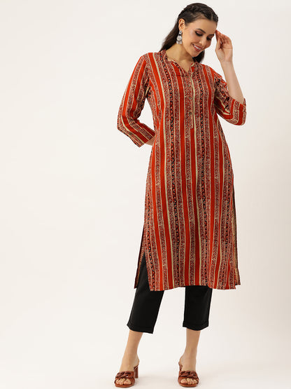 Maroon Ethnic motifs Printed Mandarin Collar Kurta