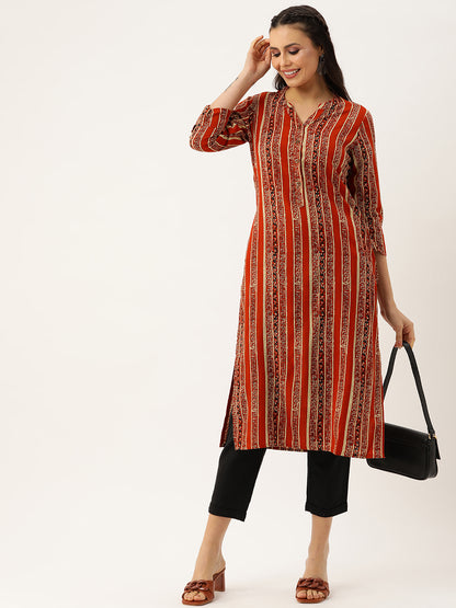 Maroon Ethnic motifs Printed Mandarin Collar Kurta