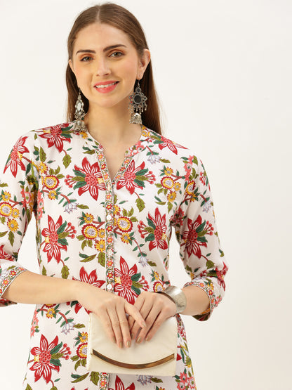 White & Multi Floral Printed Kurta with a pocket