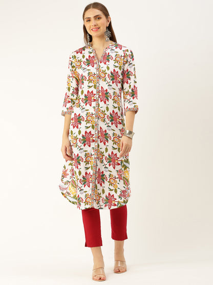 White & Multi Floral Printed Kurta with a pocket