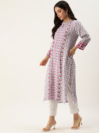 White & Pink Floral Printed Straight Kurta with a pocket 