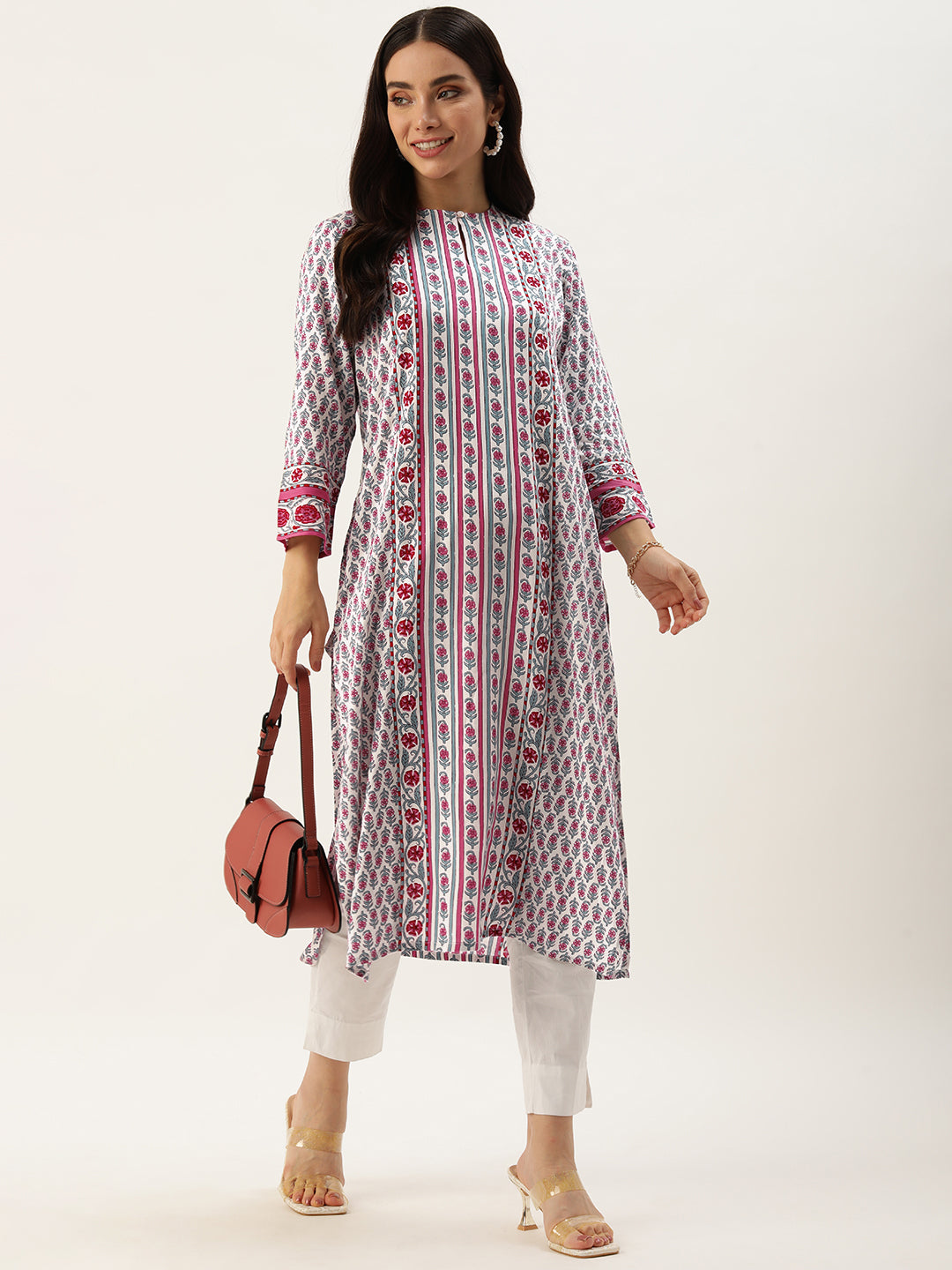 White & Pink Floral Printed Straight Kurta with a pocket 