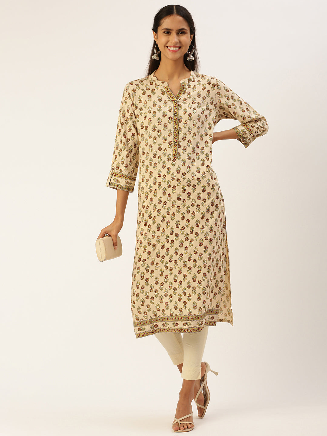 Beige Floral Printed Straight Kurta with a pocket 