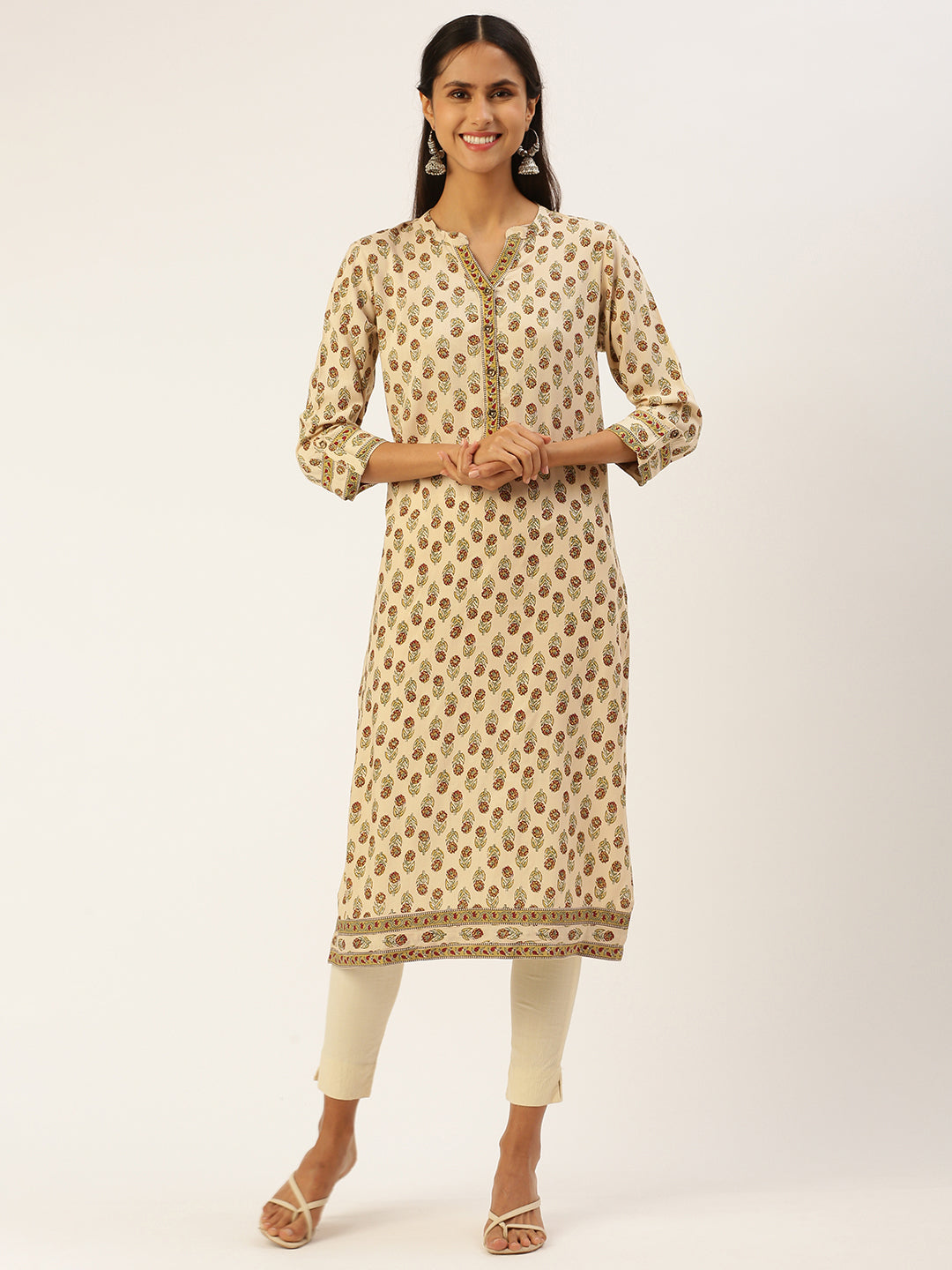 Beige Floral Printed Straight Kurta with a pocket 