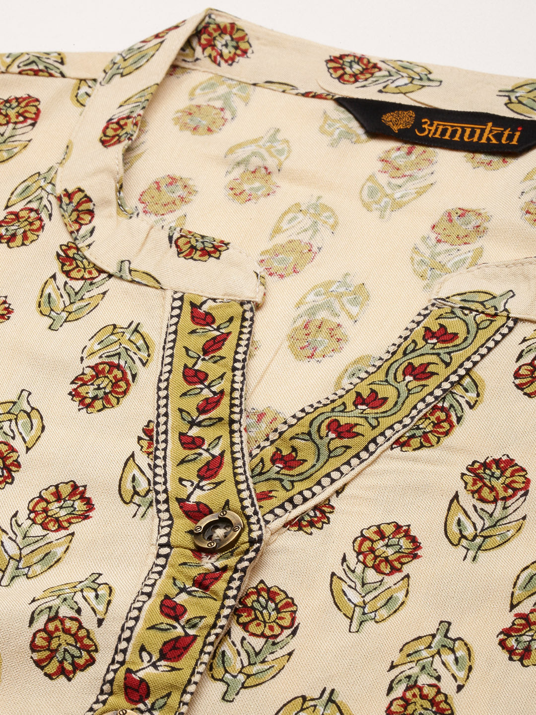 Beige Floral Printed Straight Kurta with a pocket 