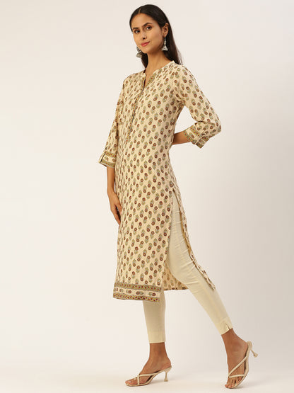 Beige Floral Printed Straight Kurta with a pocket 