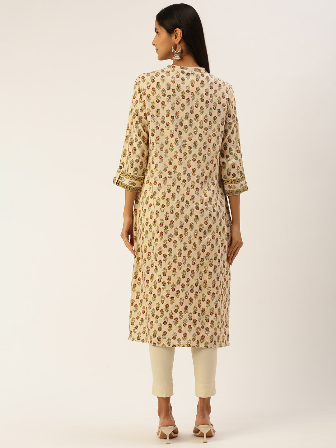 Beige Floral Printed Straight Kurta with a pocket 