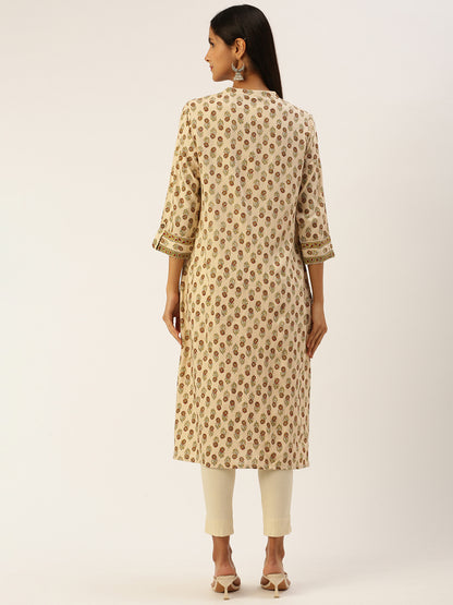 Beige Floral Printed Straight Kurta with a pocket 