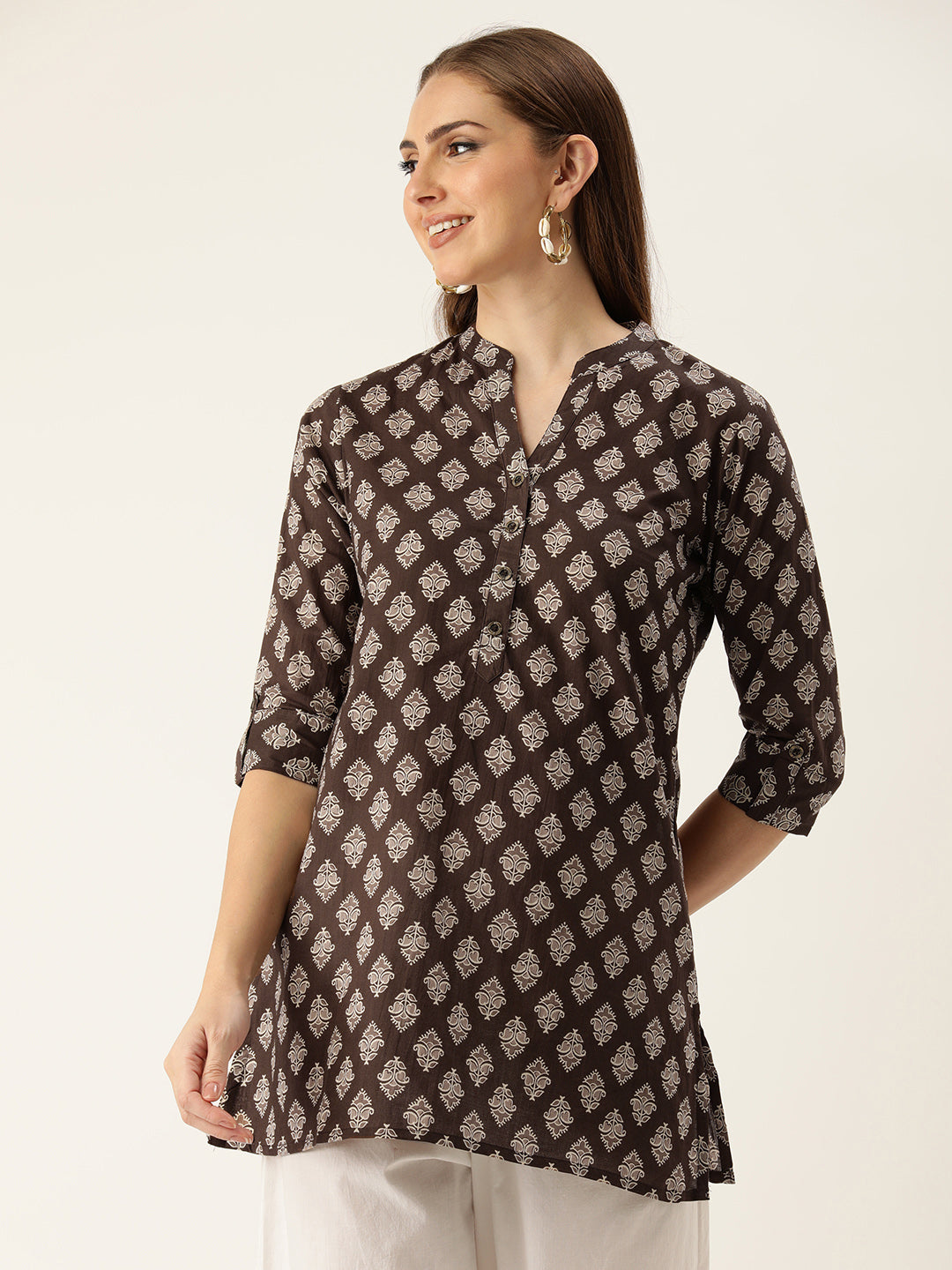 Brown Mandarin Collar Printed Ethnic Tunic