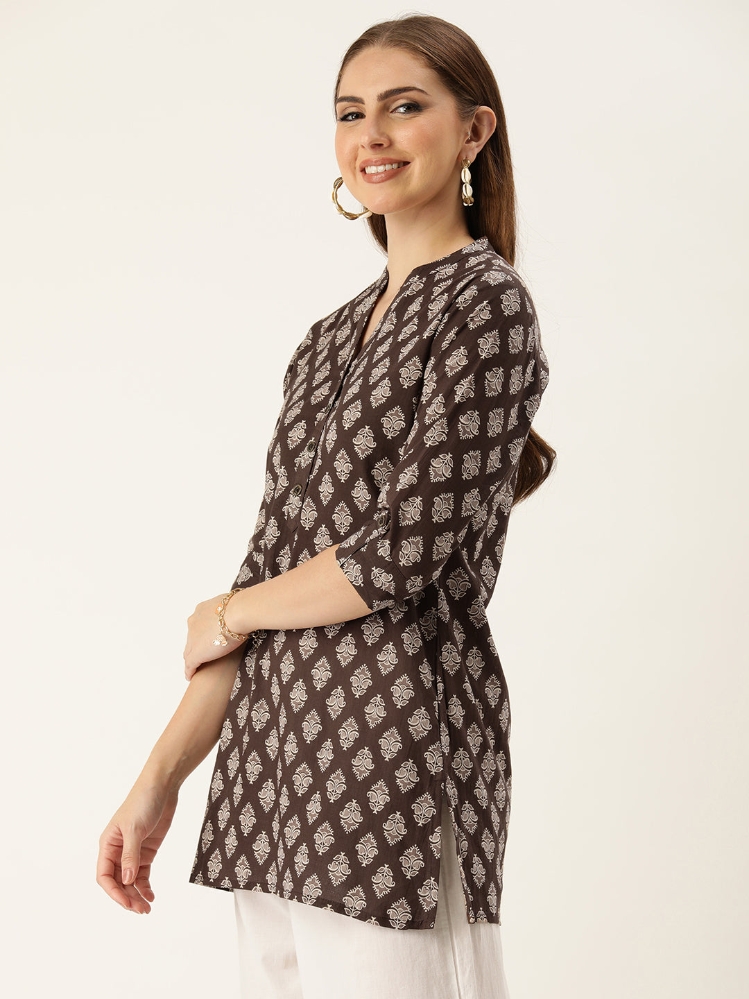 Brown Mandarin Collar Printed Ethnic Tunic