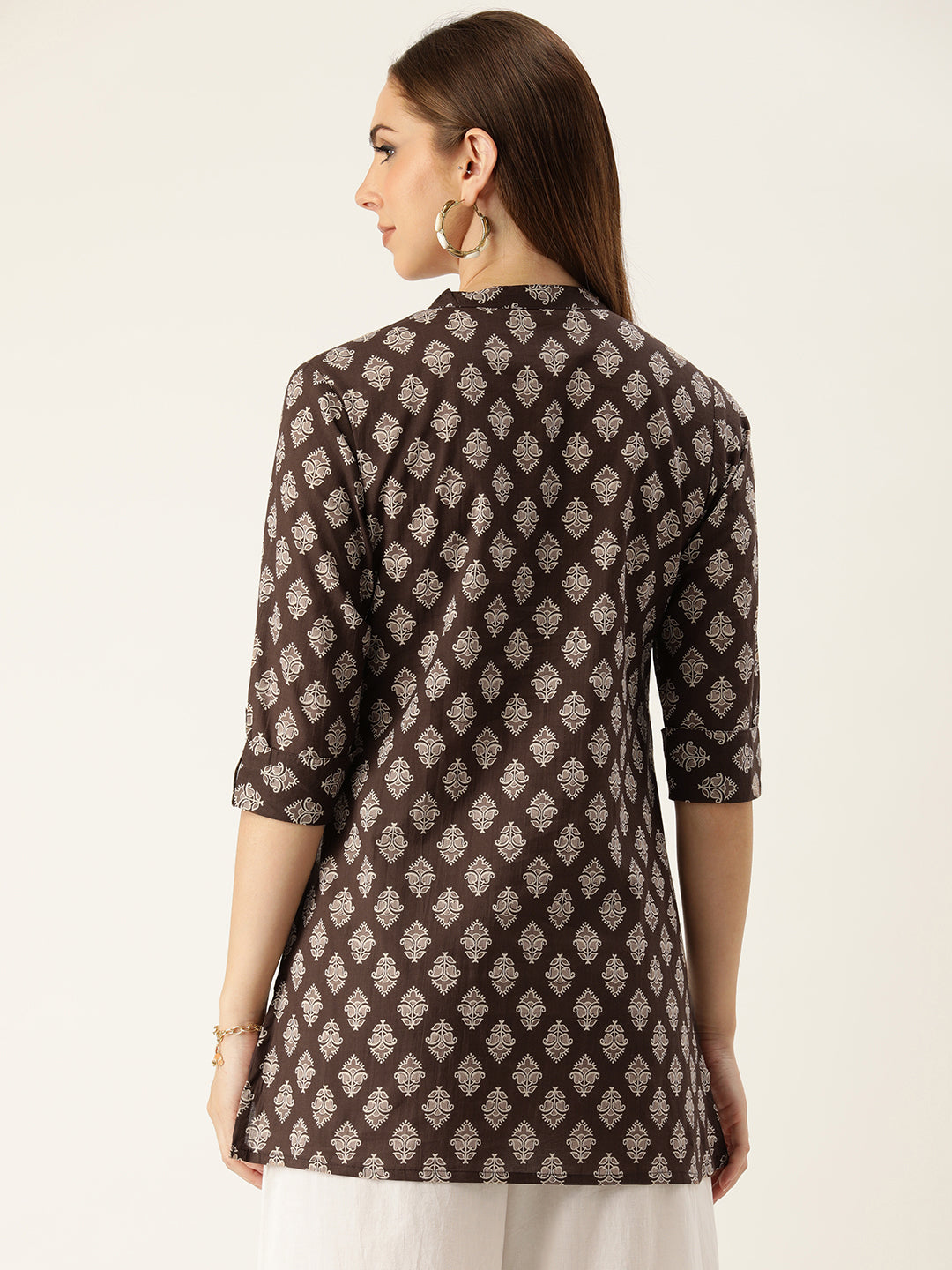 Brown Mandarin Collar Printed Ethnic Tunic