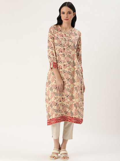 Beige Floral Printed Straight Cut Kurta with a pocket 
