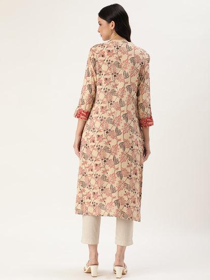 Beige Floral Printed Straight Cut Kurta with a pocket 