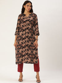 Black & Beige Floral Printed Straight Cut Kurta with a pocket 