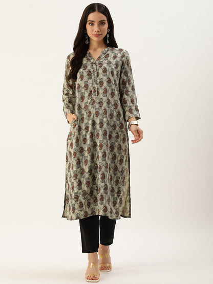 Beige Paisley Printed Straight Kurta with a pocket 