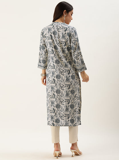 White & Blue Floral Printed Straight Kurta