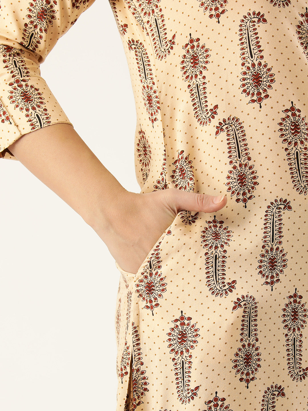 Beige & Brown Ethnic Motifs Printed Mandarin Collar Kurta