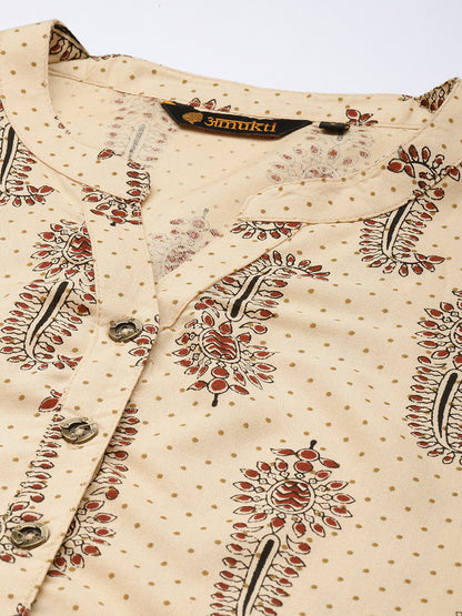 Beige & Brown Ethnic Motifs Printed Mandarin Collar Kurta