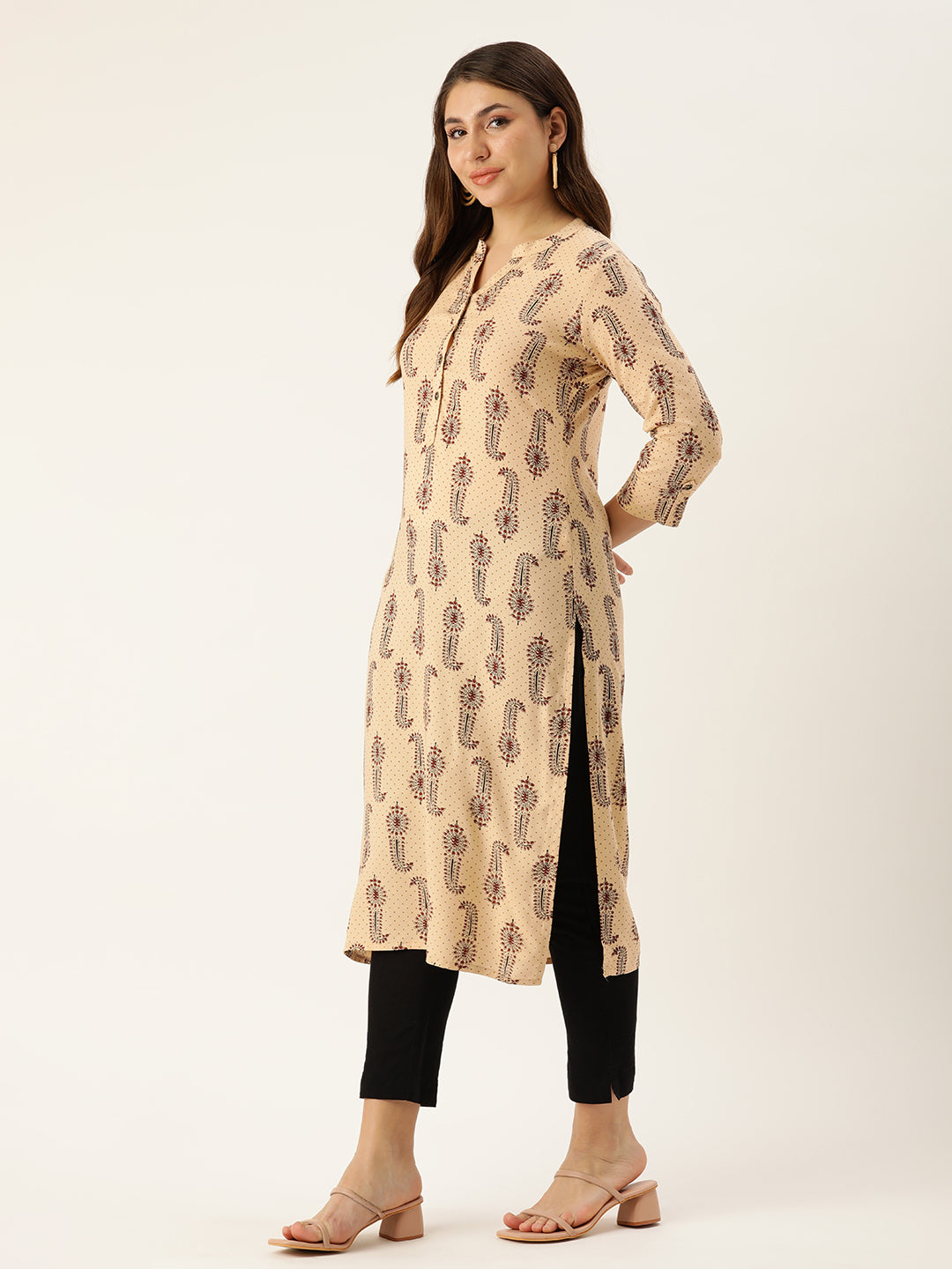 Beige & Brown Ethnic Motifs Printed Mandarin Collar Kurta