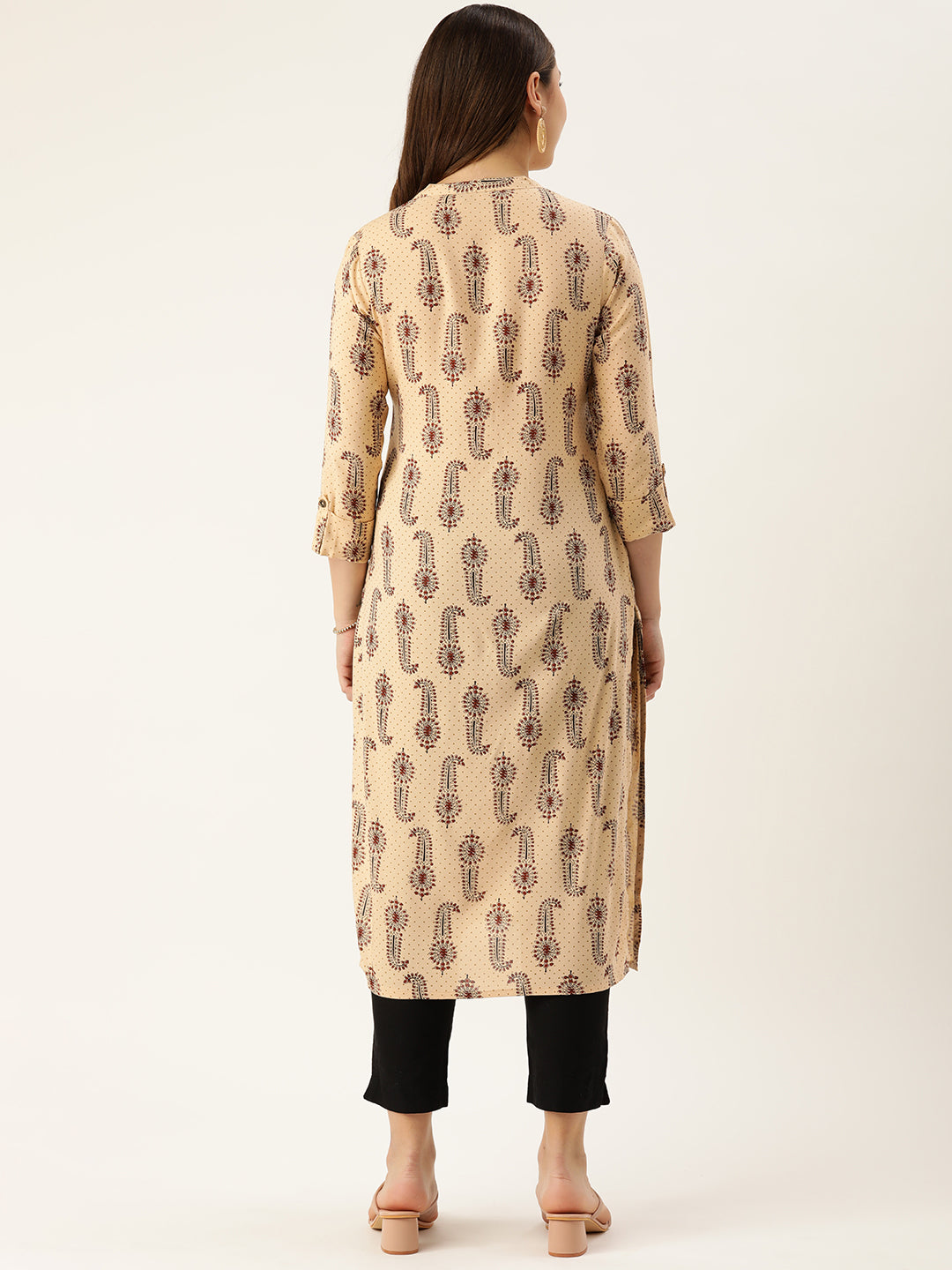 Beige & Brown Ethnic Motifs Printed Mandarin Collar Kurta