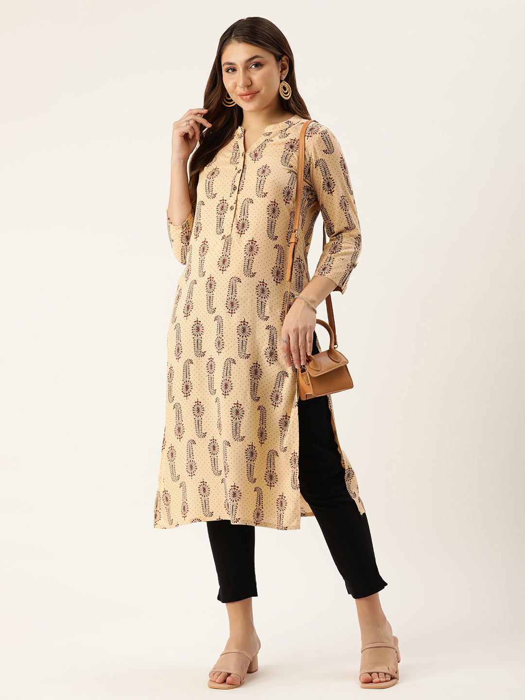 Beige & Brown Ethnic Motifs Printed Mandarin Collar Kurta