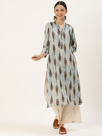 Blue & Multicolored Ethnic motifs Printed Mandarin Collar Kurta