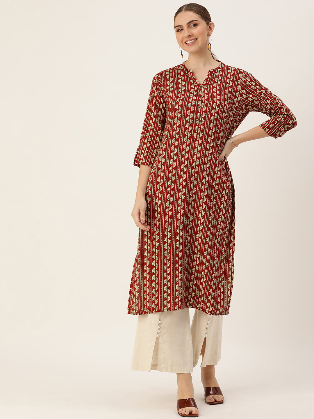 Rest & Beige Ethnic Motifs Printed Mandarin Collar Kurta – Amukti - The ...