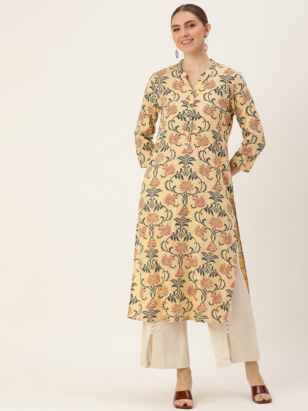 Beige Floral Printed Mandarin Collar Kurta