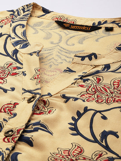 Beige Floral Printed Mandarin Collar Kurta