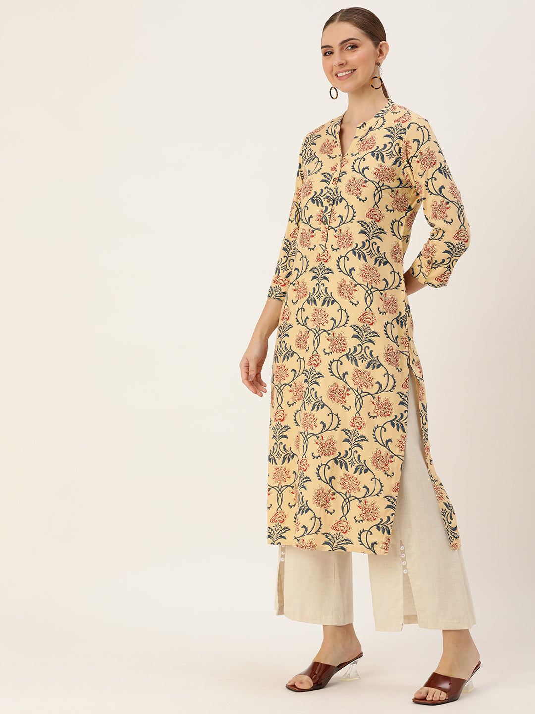 Beige Floral Printed Mandarin Collar Kurta