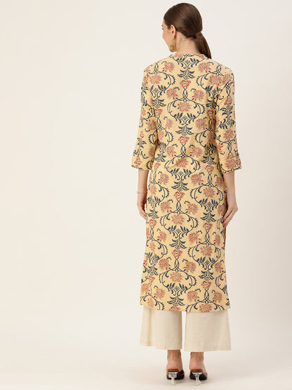 Beige Floral Printed Mandarin Collar Kurta