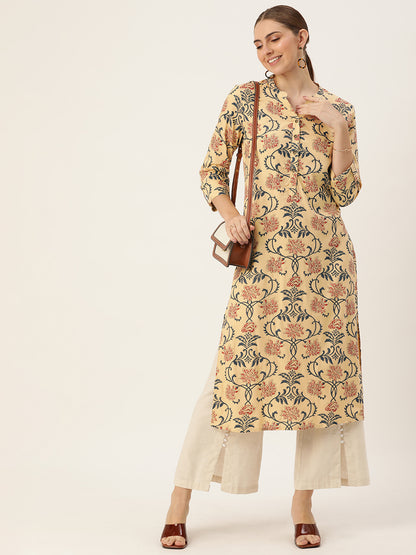 Beige Floral Printed Mandarin Collar Kurta