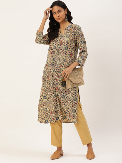 Beige & Multicolored Ethnic motifs Printed Mandarin Collar Kurta