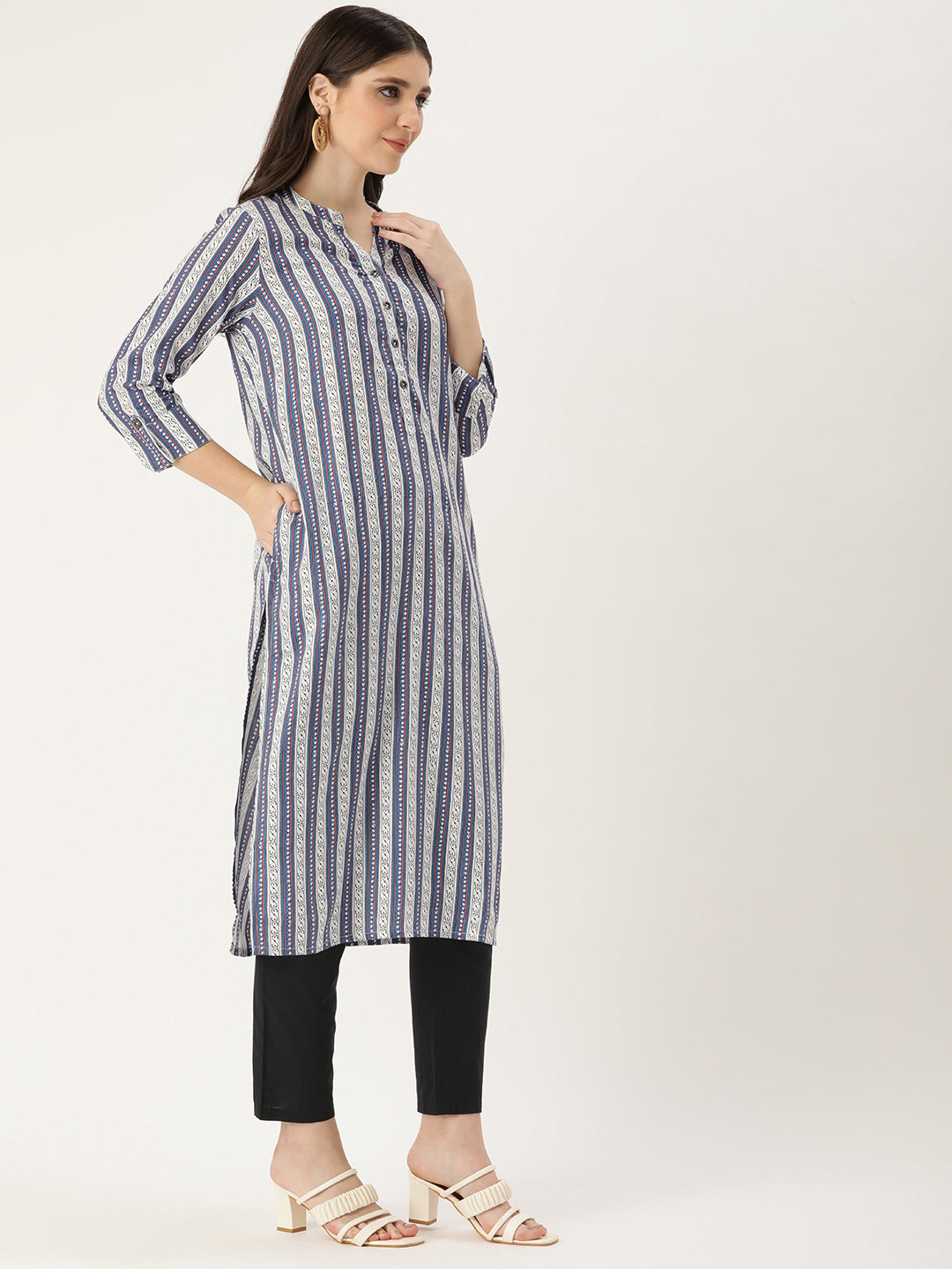 Blue & White Striped Straight Cut Kurta