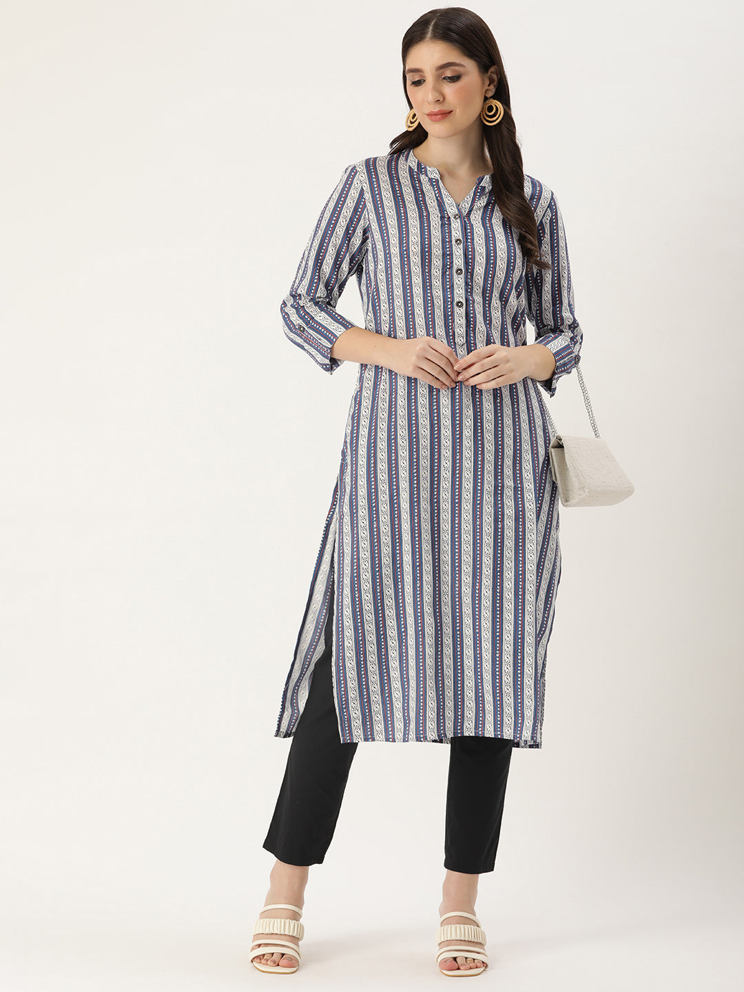 Blue & White Striped Straight Cut Kurta