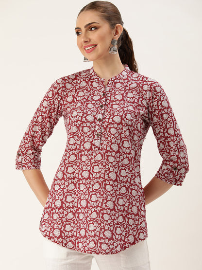 Red Mandarin Collar Printed Tunic