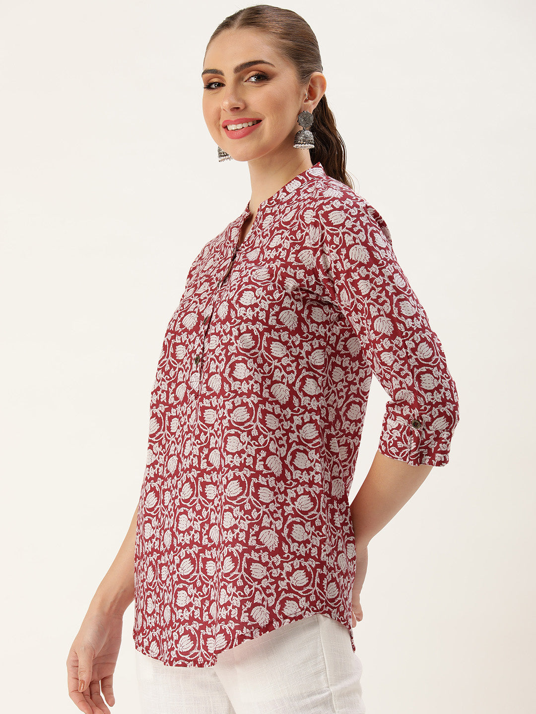 Red Mandarin Collar Printed Tunic