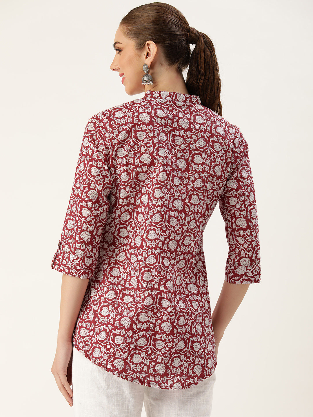 Red Mandarin Collar Printed Tunic