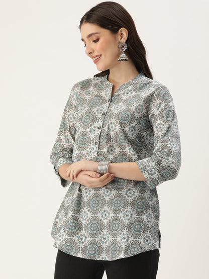 White & Grey Mandarin Collar Printed Ethnic Tunic