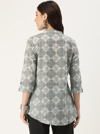 White & Grey Mandarin Collar Printed Ethnic Tunic