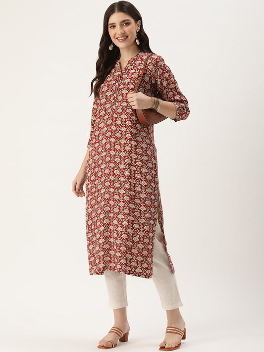 Rust Floral Printed Mandarin Collar Kurta