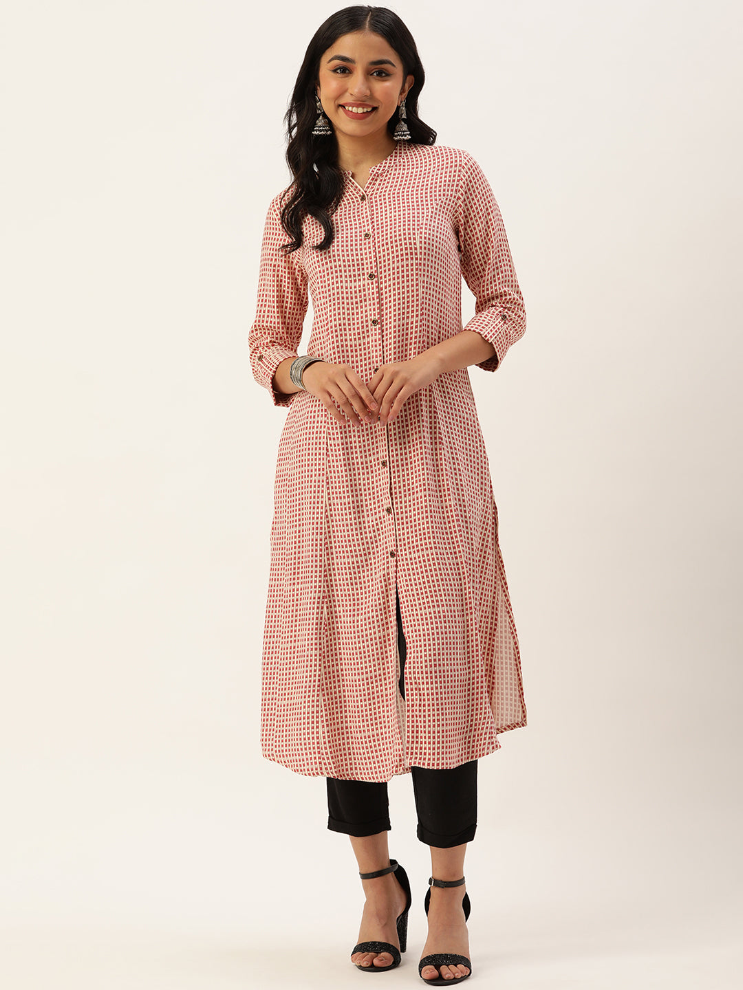 White & Pink Geometric Printed A-Line Kurta