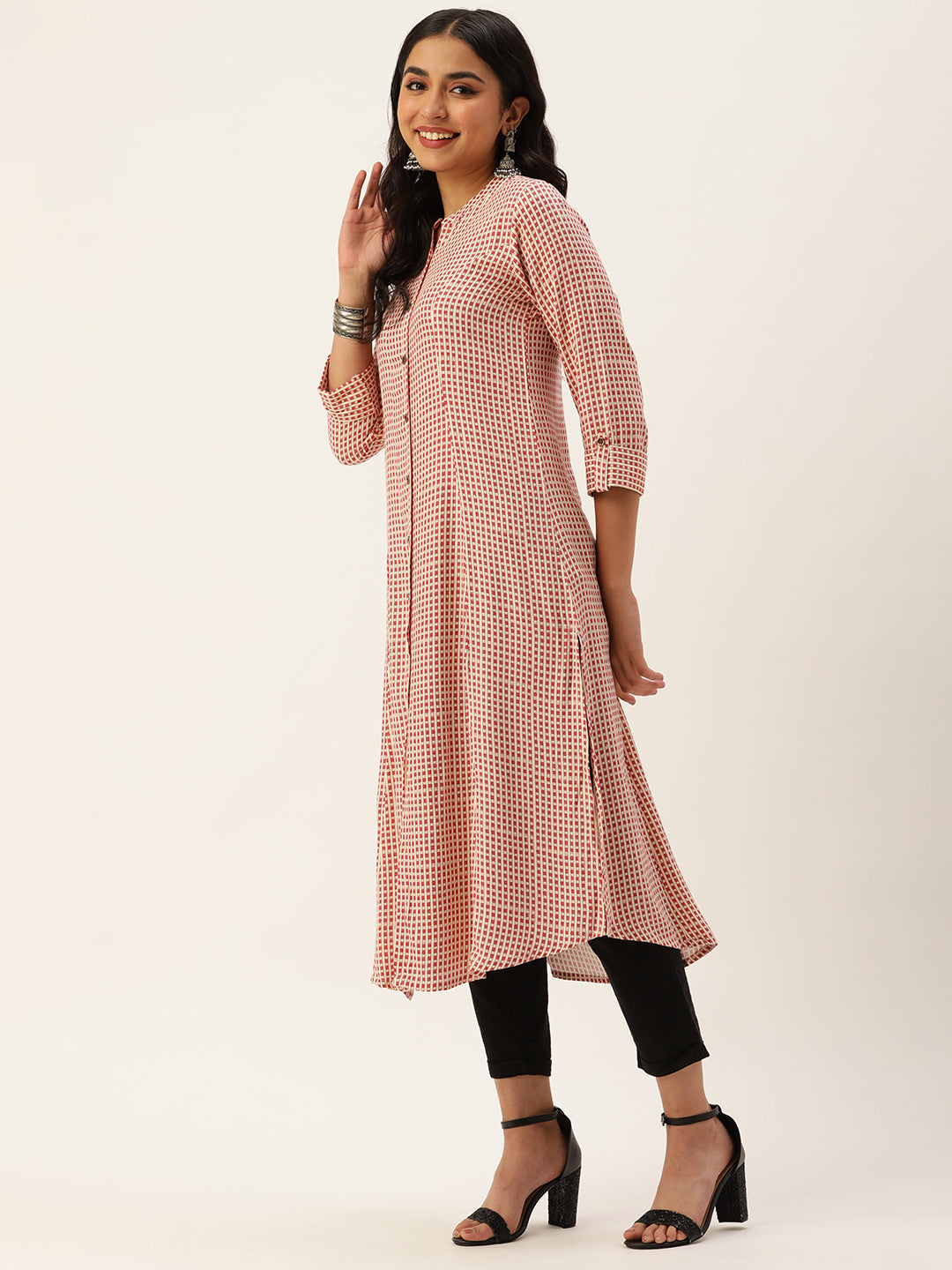 White & Pink Geometric Printed A-Line Kurta