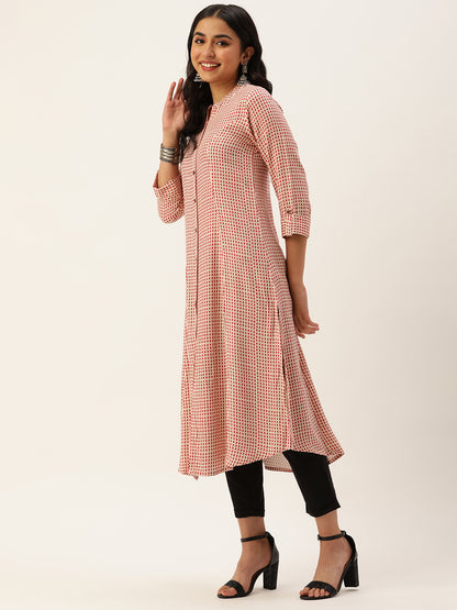 White & Pink Geometric Printed A-Line Kurta